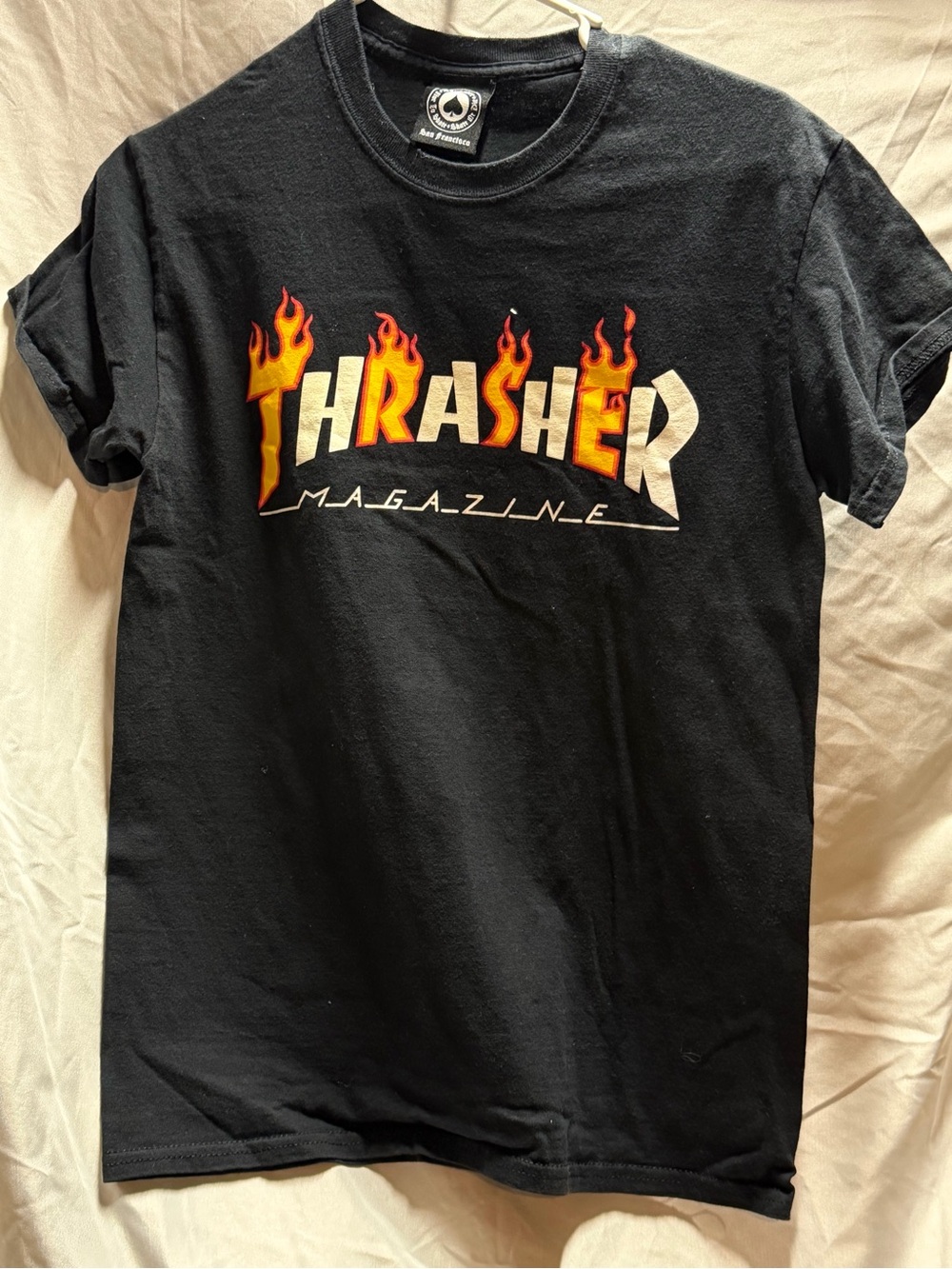 Thrasher Black Tee with Red and Yellow Flame Logo